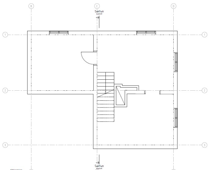 Ritning med översikt av husplan där markerade väggar B och D planeras för renovering och dörröppning till badrum.