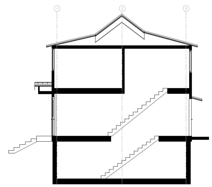 Svartvit sektionsritning av ett hus som visar plan för att öppna bärande vägg för badrumsprojekt.