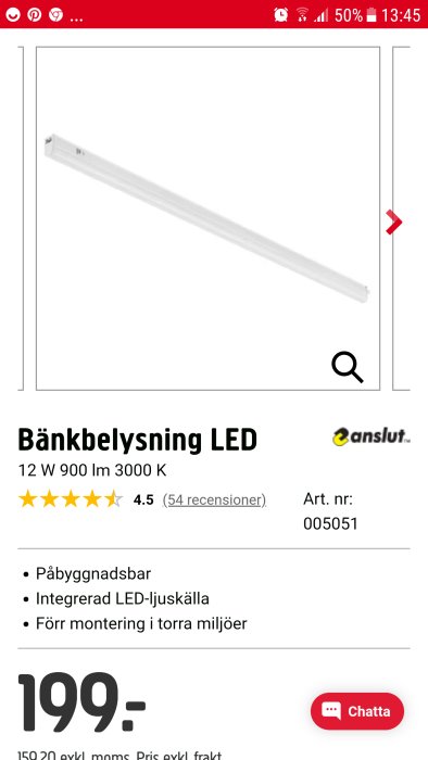 LED-bänkbelysning från Jula, 12W och 3000K, sammankopplingsbar, för torra miljöer.