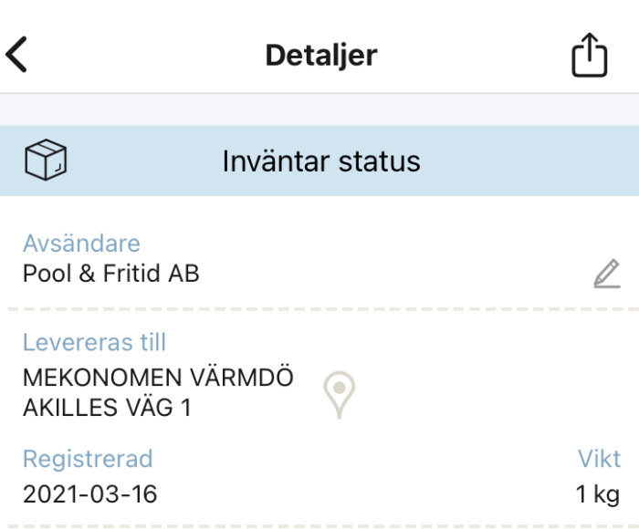 Skärmdump av en försändelsestatus som visar ny turbin skickad från Pool & Fritid AB.