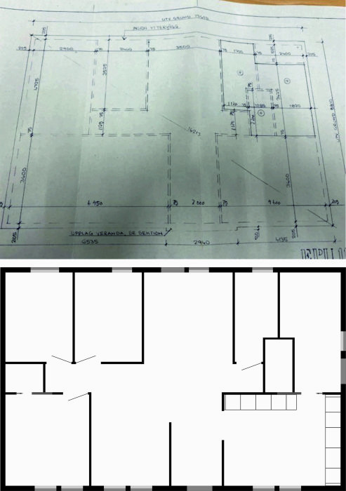 Planritning av en 1-plansvilla från 1983 med måttangivelser och väggkonstruktioner.