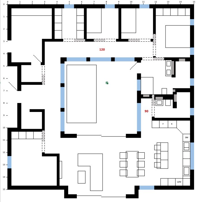 Plantekning som viser en 120 cm bred gang rundt et atrium og en smalere gang på 90 cm.