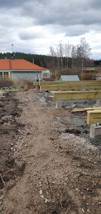 Grusad väg vid byggplats med reglade fönsteröppningar i bakgrunden, grå himmel ovanför.