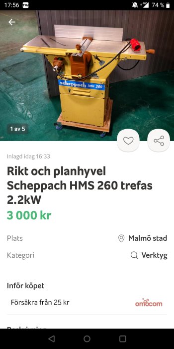 Gul Scheppach HMS 260 tresfas rikt och planhyvel med tillbehör i verkstadslokal.