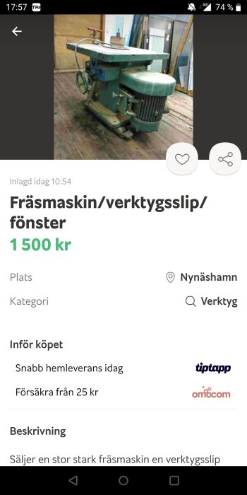 Industriell fräsmaskin och verktygsslip i ett verkstadsutrymme, till salu för 1500 kr.