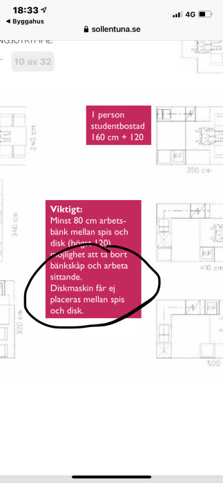 Skärmdump med byggregler för arbetsyta i kök och layoutplan för studentbostad.