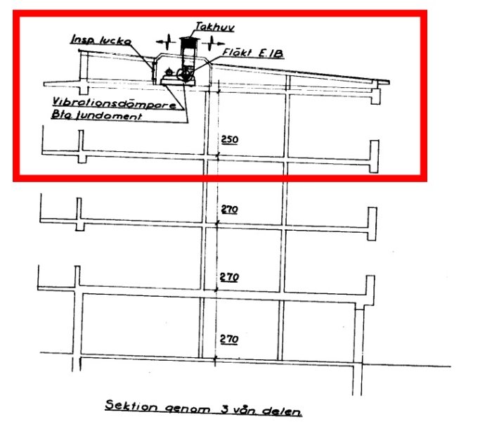 Sektionsritning av hus med takstol, inspektionslucka, vibrationsdämpare och grunddetaljer.