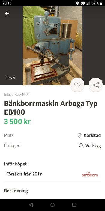 Begagnad blå bänkborrmaskin Arboga Typ EB100 till salu, visas i ett verkstadsmiljö.