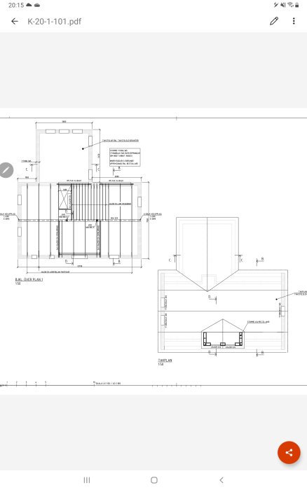Ritning av hus med måttangivelser för beräkning av takytans storlek i m2.