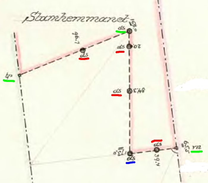 Historisk karta med gröna, röda och en blå markering som visar olika punkter från avsöndringen 1926.