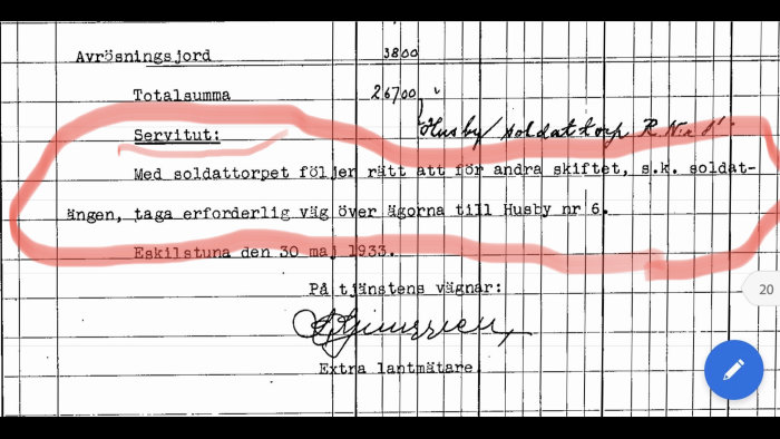 Handskrivet dokument från 1933 om servitut, rörande rättigheter för soldattorp att använda väg över åkrarna till Husby nr 6.