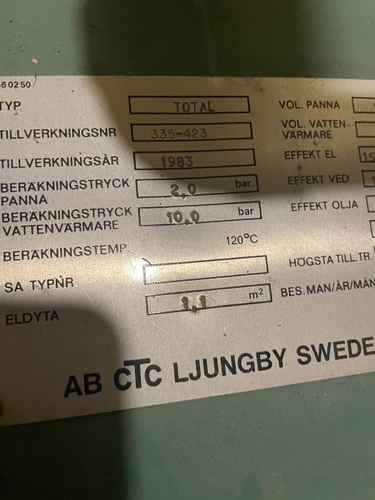 Informationsetikett på en gammal elpanna med tekniska specifikationer, såsom tillverkningsår 1983, tryckgränser och temperaturinställningar.