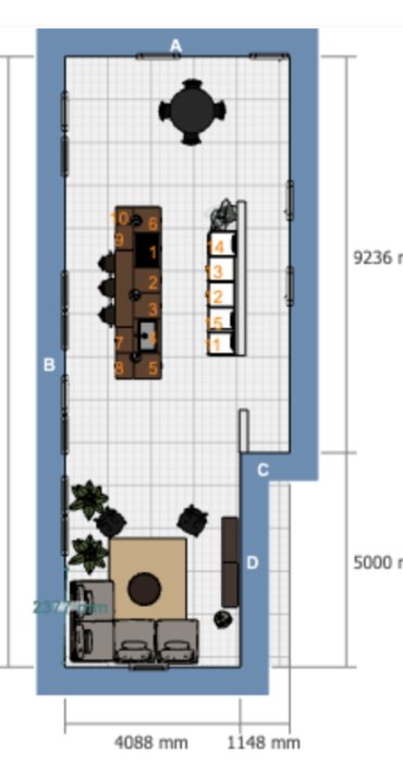 Planritning av en köksrenovering som visar en ny köksö och helvägg med skåp där en vägg ska rivas för öppen planlösning.