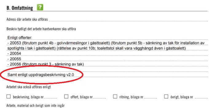 Skärmdump av en uppdragsbeskrivning med fokus på texten "Samt enligt uppdragsbeskrivning v2.0" markerat med rött.