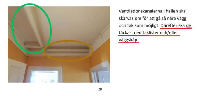 Inredning av ett rum med ventilationskanaler nära taket, markerade med grönt och gult, och en textutdrag bredvid som beskriver arbetet.