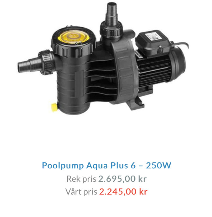 Svart Poolpump Aqua Plus 6 på 250W med prisetikett.