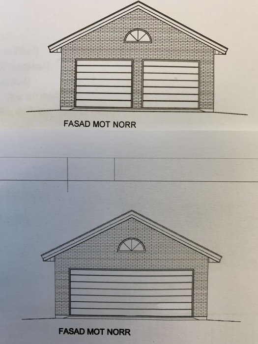 Två ritningar av husfasader mot norr, den övre med två garageportar och den nedre med en stor port.