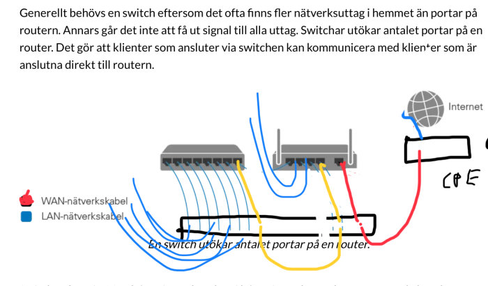 Schematisk bild som visar nätverkskoppling med röd WAN- och gul LAN-patchkabel mellan CPE, switch och patchpanel.