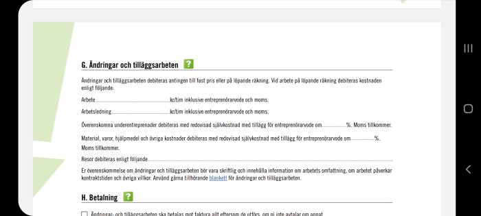 Skärmdump av ett byggkontrakt med avsnitten "Ändringar och tilläggsarbeten" och "Betaling" visas med blanka fält.