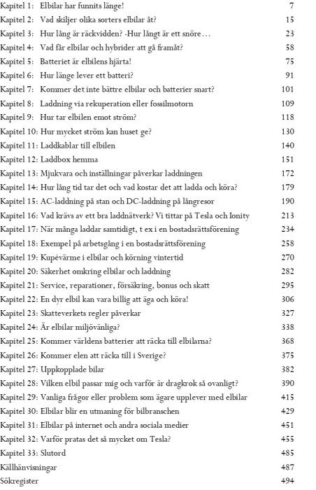 Innehållsförteckning från en bok om elbilar med kapitelrubriker som behandlar ämnen från elbilars historia till laddningsinfrastruktur.