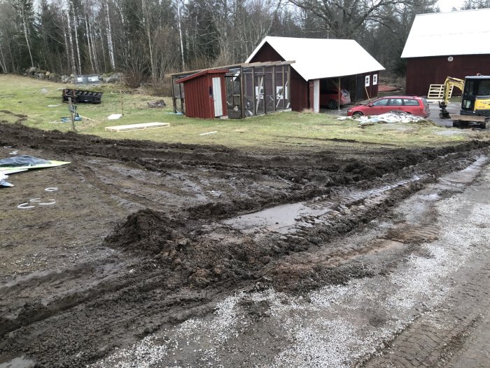 Djupa hjulspår i lerig gräsmatta med byggmaterial i bakgrunden och en röd bil.