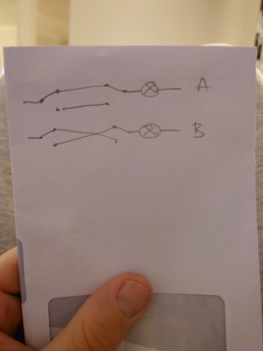 Hand håller ett papper med enkla ritningar av elektriska kretsar märkta A och B som visar två konfigurationer.