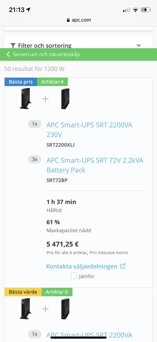 Skärmdump av UPS-valverktyg som visar APC Smart-UPS och batteripaket med priser och specifikationer.