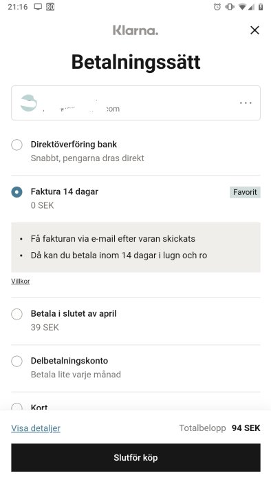 Skärmdump från Klarna-appen som visar olika betalningsalternativ inklusive faktura och delbetalning.