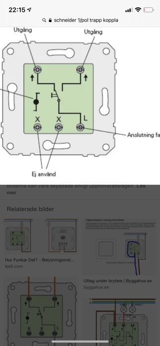 Schema över hur 1-polig trappströmbrytare från Schneider är kopplad med brun ledare för fas och gröna för utgångar.