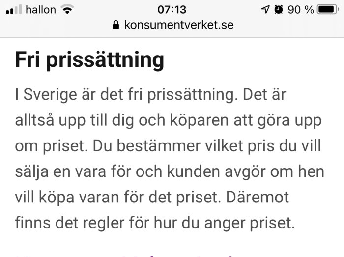 Skärmdump av en webbsida med text om fri prissättning i Sverige från Konsumentverket.