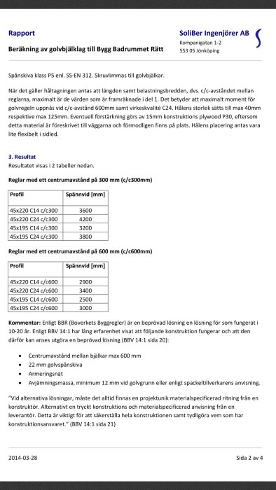 Sida från en rapport om beräkning av golvbjälklag med tabeller och text som diskuterar byggregler och konstruktionsnormer.