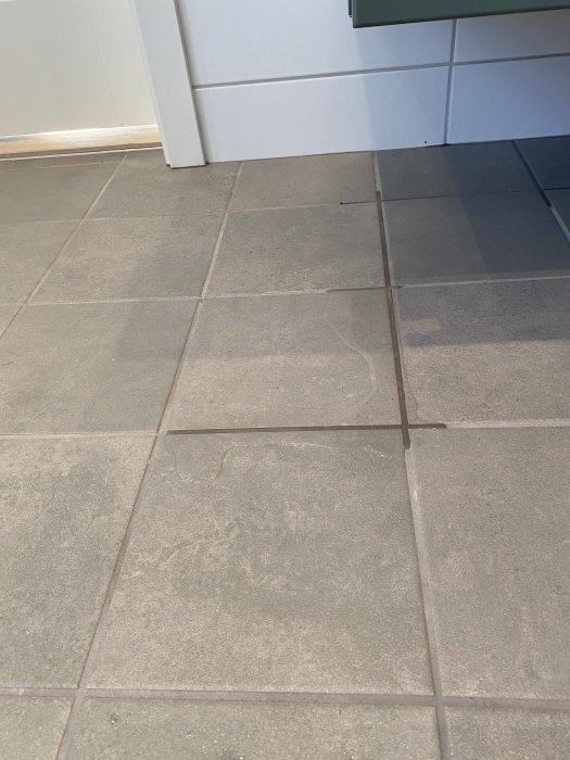 Vattenläckage på badrumsgolv med spår av vatten som sträcker sig från vägg till klinkerplattor.