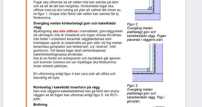 Illustration av korrekt fogning mellan golvklinkers och väggkakel förhindrar bottning och vattenskador.