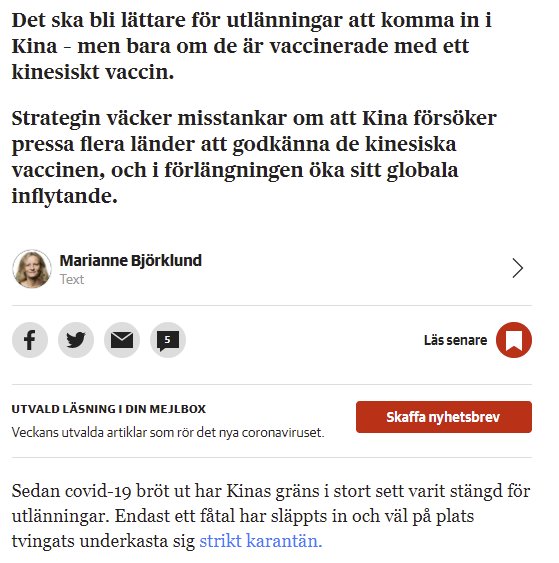 Artikelutdrag om vaccinpolitik och påverkan på Kinas globala inflytande.