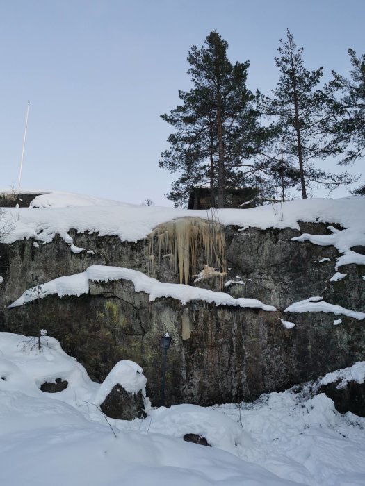 Snötäckt landskap med brant, vertikal klippvägg och träd ovanpå, tänkt startpunkt för trappa.