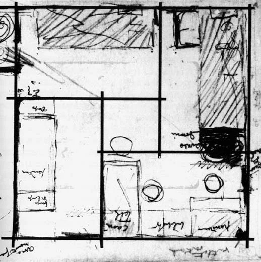 Skiss av Corbusiers "Cabanon de vacances", en kvadratisk plan med fyra rum och gyllene snitt proportioner.