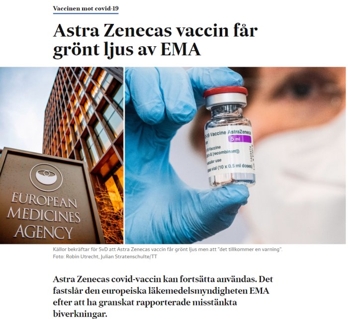 En person i blåa handskar håller upp en AstraZeneca COVID-19-vaccinflaska framför EMA-skylten.