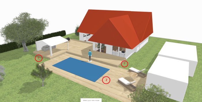 3D-visualisering av en planerad uteplats med trädäck, inritad pool, och numrerade frågeområden.