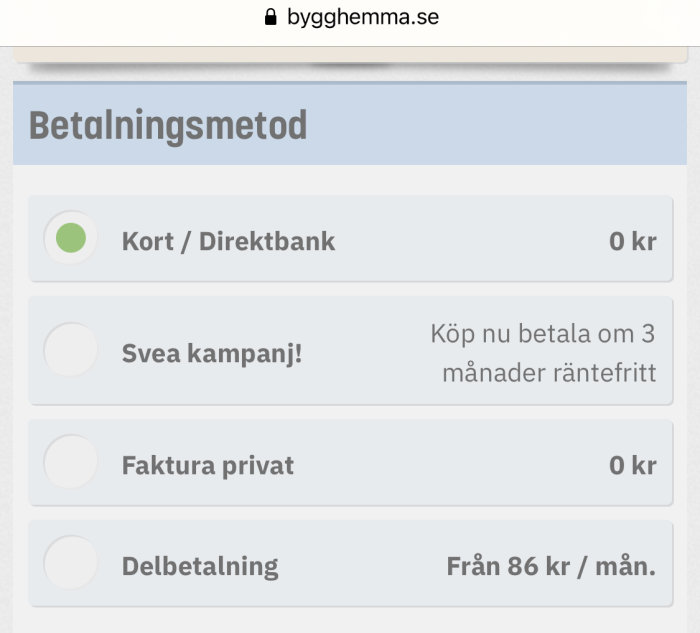 Skärmdump av en betalningsmetodväljare med alternativ för kort/direktbank, Svea kampanj, faktura och delbetalning.