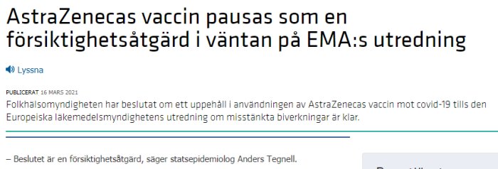 Skärmbild av en nyhetsartikel om paus i användning av AstraZenecas vaccin.