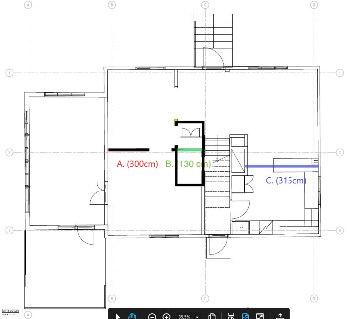 Arkitektonisk ritning av husplan med svart markerad sektion som indikerar planlösningen och måttangivelser.