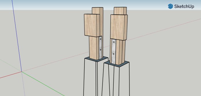 3D-modell av limmade stolpar som vilar på betongplintar, planerad för byggprojekt.