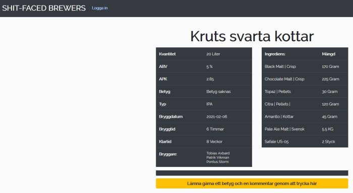 Skärmdump av webbapplikation för ölbryggning med recept, ingredienslista och bryggdata för "Kruts svarta kottar".