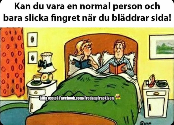 Illustration av ett par i sängen som läser böcker, och en humoristisk text uppmanar till normalt sätt att bläddra.