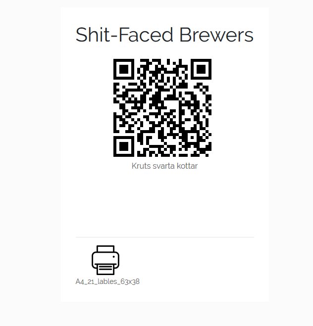 QR-kod för hembryggeri med texten "Shit-Faced Brewers" och "Kruts svarta kottar" nedanför.