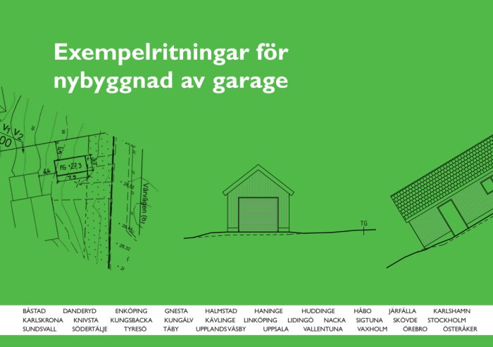 Exempelritningar för nybyggnad av garage med planvy och fasader mot en grön bakgrund.