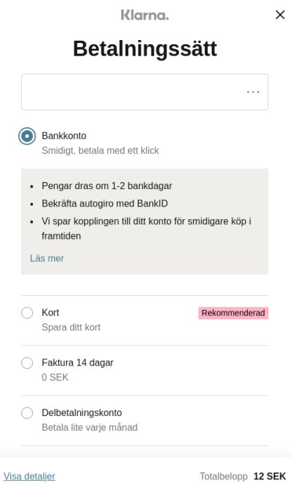 Skärmbild av betalningsalternativ hos Klarna med markering på bankkonto och totalbelopp på 12 SEK.