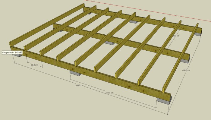 3D-skiss av golvbjälklag med måttsatta bärlinor och skruvreglar.