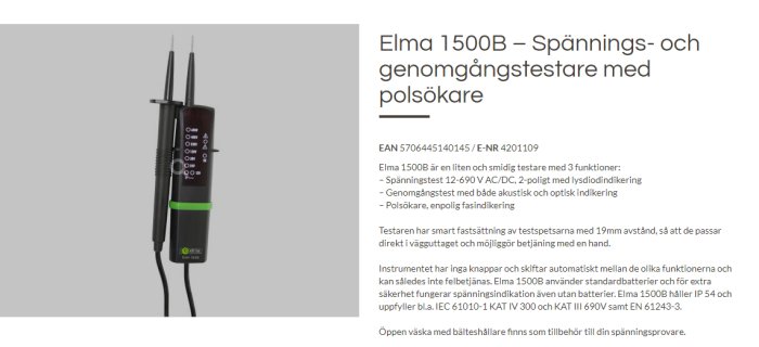 Elma 1500B spännings- och genomgångstestare med funktionssymboler på displayen.