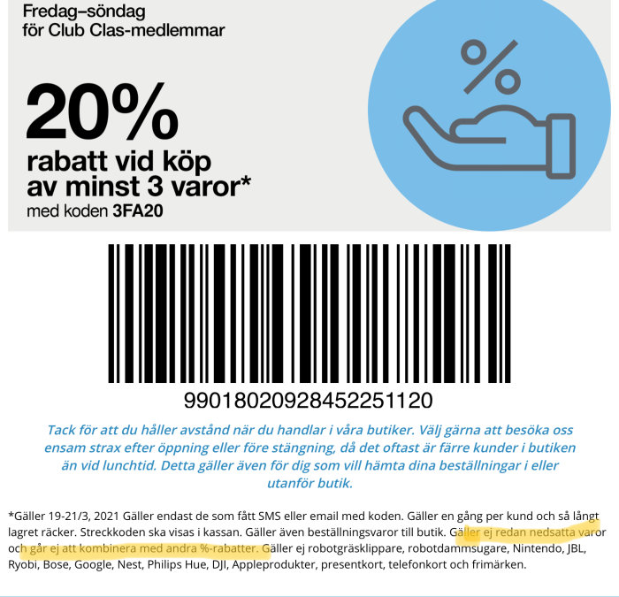 Reklamblad för Club Clas-medlemmar erbjudande med 20% rabatt vid köp av minst 3 varor, inkluderar streckkod.